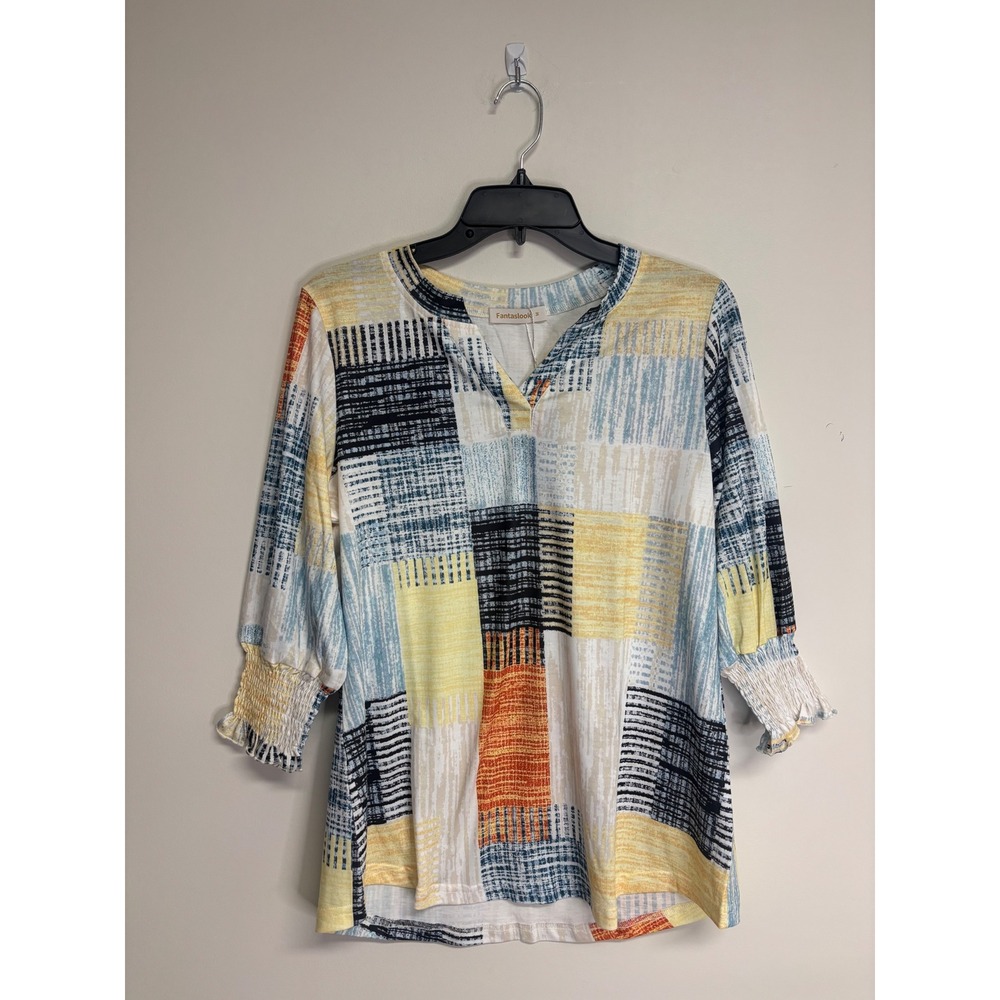 Fantaslook Women Flowy Tunic Top‎ with 3/4 Sleeves, Orange and Blue Plaid, Sz M